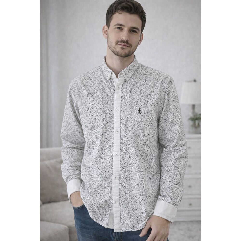 Japan Rags Men’s Button Down Shirt XL EU White Floral Pattern Long Sleeve Cotton